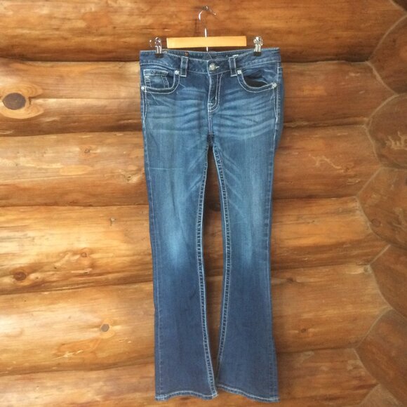 Miss Me Dark Wash Flap Pockets Mid Rise Boot Western Boho Denim Jeans Size 30* - Picture 1 of 10